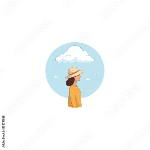 Woman gazes at tranquil skies during sunny weather with a soft breeze wearing a fashionable sunhat
