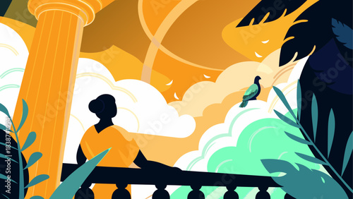 Colorful Desert Landscape with Sand Dunes and Oasis – Vector Illustration