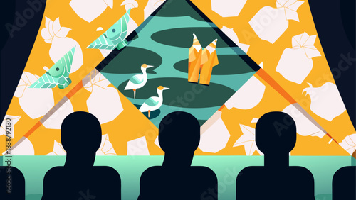 Colorful Desert Landscape with Sand Dunes and Oasis – Vector Illustration