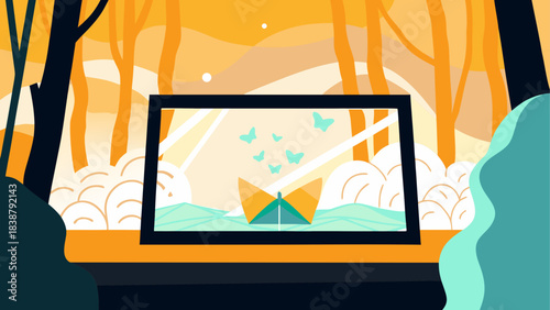 Colorful Desert Landscape with Sand Dunes and Oasis – Vector Illustration