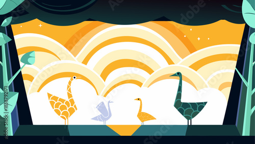 Colorful Desert Landscape with Sand Dunes and Oasis – Vector Illustration