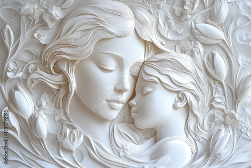 Intimate portrait sculpture depicts a mother and child in harmonious, serene repose surrounded by blooming flora