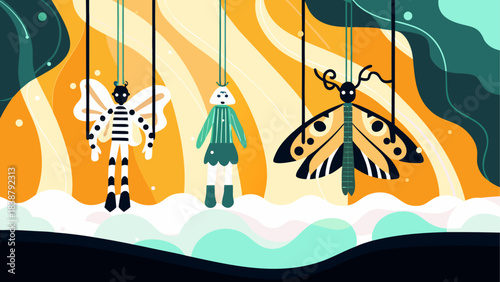 Colorful Desert Landscape with Sand Dunes and Oasis – Vector Illustration