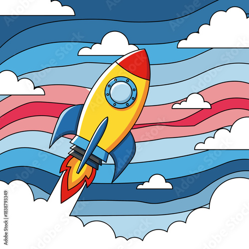 Vibrant cartoon rocket launching into a wavy, colorful sky with clouds. Concept for space travel, startup, business growth, and progress.