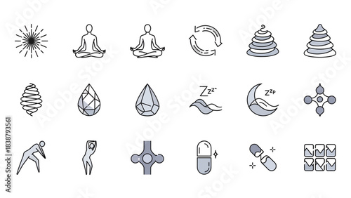 A collection of wellness, meditation, and health-related icons, featuring symbols like yoga poses, crystals, sleep, and spiritual elements.