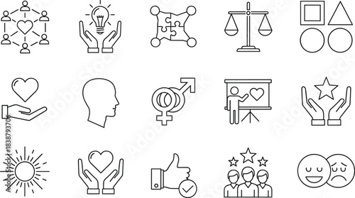 Social and Psychological Concept Icon Set: Empathy, Teamwork, Idea, Gender, Justice, Emotions, Wellbeing, and Community Symbols for Projects
