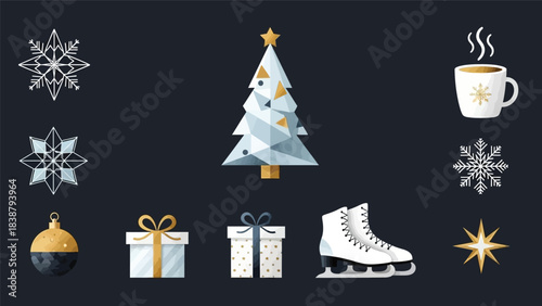 Collection of Christmas and winter icons including tree, gifts, ice skate, snowflakes, and hot drink on a dark background.
