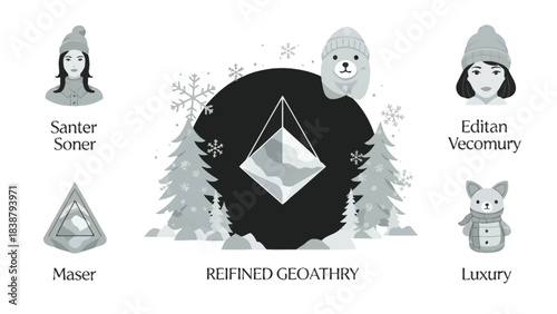 Black and white illustration of a refined glitch logo surrounded by snowflakes and trees with cartoon characters and geometric shapes on a white background.