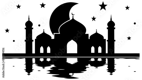 Silhouette of a mosque with a crescent moon and stars reflected in the water at nighttime scene design