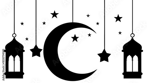 Silhouette illustration of crescent moon with stars and lanterns hanging from above in black and white