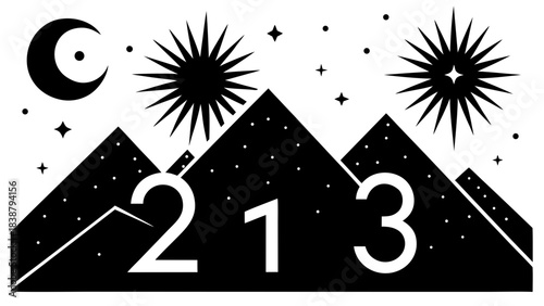 Illustration of mountains with moon stars and sunbursts and numbers two one and three over the peaks silhouette