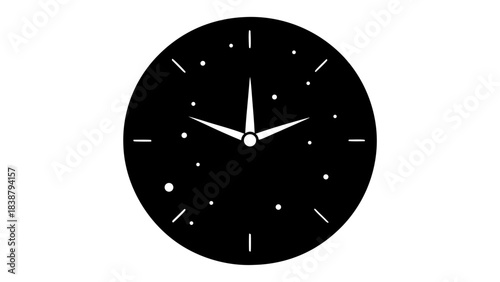 Illustration of an oval clock face with three hands and dots marking the hours in black and white silhouette