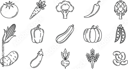 Vegetable, Healthy Food, and Natural Product Icon Set: Fresh Produce, Organic Nutrition, Farming, Cooking, Diet, and Vegetarian Symbols