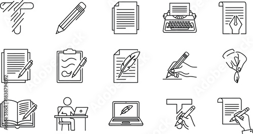 Writing, Blogging, and Content Creation Icon Set Minimalist Vector Collection for Authors, Journalism, Documents, Education, Typing, and Publishing Interface Design