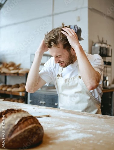 Bakery's Burden: A baker grappling with stress in his work environment, his hands clasped against his head. A loaf of bread and flour dust lay on the wooden surface in front of him.