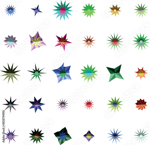 Vibrant Abstract Spiky Starburst Designs Arranged in a Creative Grid Pattern