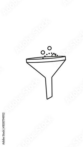 Simple line art drawing of a funnel with bubbles or particles entering its wide opening, illustrating a filtering or pouring process.