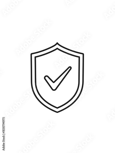 A simple line art icon depicting a shield with a checkmark, symbolizing security, protection, and verification.