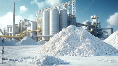 Industrial facility with white powder stockpile.