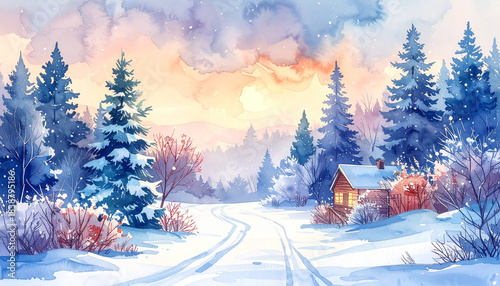 雪が積もる冬の森と山　水彩画風