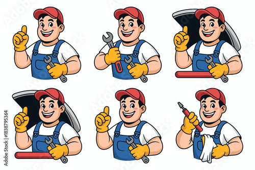 Friendly cartoon technician or mechanic service mascot smiling in blue overalls and red cap holding various tools like a wrench, offering cheerful quality maintenance and repair solutions; professiona