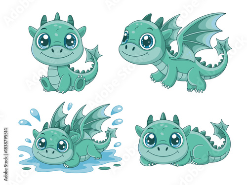 Adorable collection of baby teal green cartoon dragons, mythical sweet little fantasy creatures, cheerful mascots shown in various playful poses, sitting, lying down, and splashing in fresh water, wit