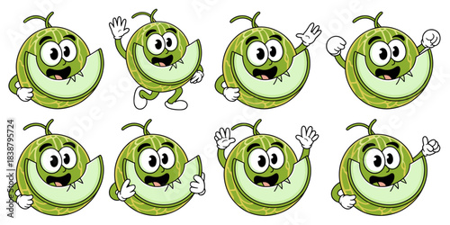 Cheerful and cute green striped melon cartoon character mascot vector collection set performing various enthusiastic actions and happy poses like running and waving, excellent graphic resource for hea