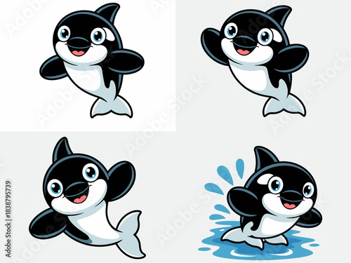 A delightful collection of four cute cartoon orca baby characters, vector illustration set featuring a happy killer whale mascot smiling, jumping, and swimming with splashes, perfect for marine life e
