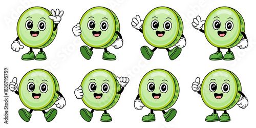 A cheerful green macaron mascot character illustration set showing various friendly poses like waving, walking, and giving a happy thumbs-up gesture, perfect for bakery branding, sweet dessert packagi