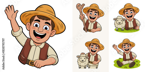 A cheerful cartoon shepherd character set featuring a smiling young farmer wearing a straw hat and vest, waving, sitting on the green grass, and happily holding a cute lamb or wooden staff; ideal vect