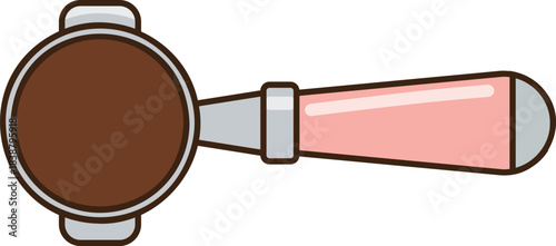 Illustration of a portafilter with coffee grounds and pink handle, symbolizing espresso brewing. Ideal for barista tools, coffee culture visuals, and café branding assets