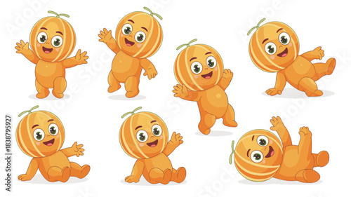 Cheerful cantaloupe melon fruit baby mascot character set collection featuring seven diverse cute toddler poses, smiling happily while waving, sitting, crawling, and playing, a sweet orange graphic ve