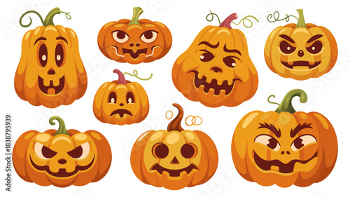 A collection of scary and funny carved jack-o'-lanterns, illustrating spooky Halloween holiday faces and diverse pumpkin expressions in a seamless autumn vector pattern, perfect for seasonal graphic e