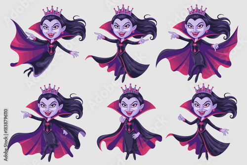 Dynamic cartoon vampire character set illustration featuring a cute spooky Halloween queen in various action poses, wearing a gothic crown and dramatic flowing dark purple cape, ready for mascot desig