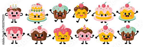 A cheerful collection of cute cartoon sweet dessert characters, featuring happy birthday cakes, frosted cupcakes, and joyful chocolate muffins, perfect vector illustration graphics for children's part