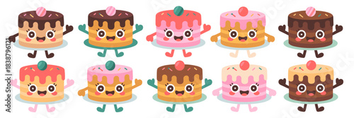 A charming collection of ten cute cartoon cake and cupcake characters standing and waving, happy sweet food desserts with colorful pink, chocolate, and yellow frosting, fun bakery vector illustration