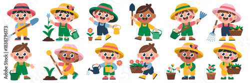Diverse happy children gardeners cartoon vector illustration, kids wearing colorful overalls and hats actively planting, watering, and cultivating flowers and vegetables using tools like shovels, rake
