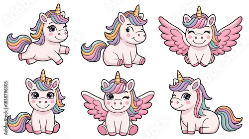 Adorable cartoon baby unicorn and little winged pegasus collection, featuring various playful poses, vector illustration with pastel rainbow mane and golden horn, sweet mythical fantasy creatures grap