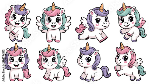 Adorable kawaii cartoon unicorn pegasus alicorn collection set posing in various happy, cheerful, playful positions with magical pastel hair colors. Sweet vector graphic resource for children's market