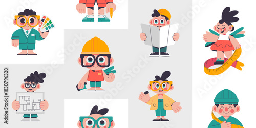 Modern flat design illustration set depicting diverse professional career roles including architects, engineers, designers, and construction workers holding blueprints, tape measures, and color palett