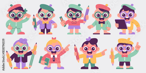 Diverse collection of adorable cartoon student characters, vector flat illustration style, enthusiastically promoting creativity, learning, and academic success while holding oversized art and school