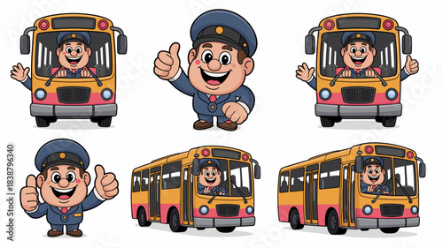A cheerful cartoon bus driver mascot, dressed in a blue uniform and peaked cap, smiling and giving a thumbs up gesture, showcasing friendly professional public transportation service reliability, isol