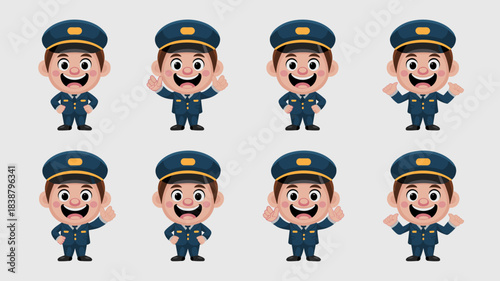 Cheerful cartoon vector illustration set of a professional male serviceman pilot or transportation captain character in navy blue uniform posing in eight diverse happy, confident gestures, perfect for