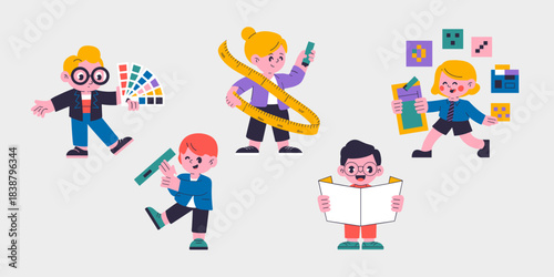 Diverse team of young creative students and professionals showcasing technical skills and industry tools like color swatches, measuring tapes, rulers, and architectural blueprints, representing design