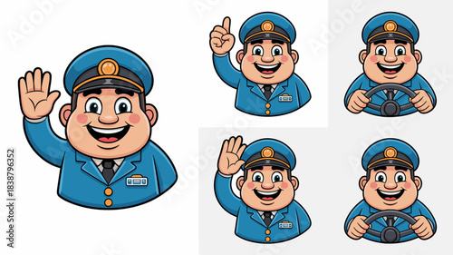 Friendly transport professional mascot character vector illustration set showing a happy smiling uniformed driver or captain waving hello, offering welcoming guidance, and reliably operating a vehicle
