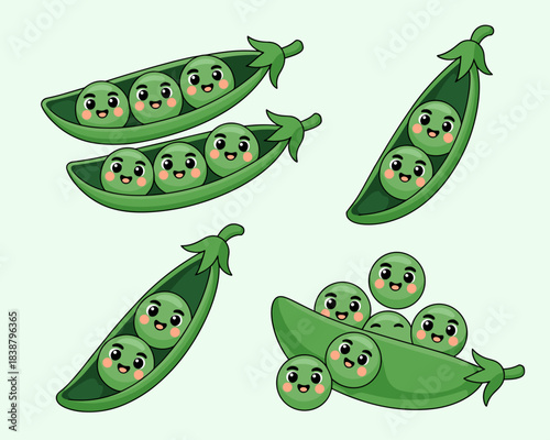 Anthropomorphic cute cartoon green peas smiling happily inside and outside vibrant open pods, a playful vegetable graphic resource design element illustrating fresh nutrition, healthy vegan lifestyle,