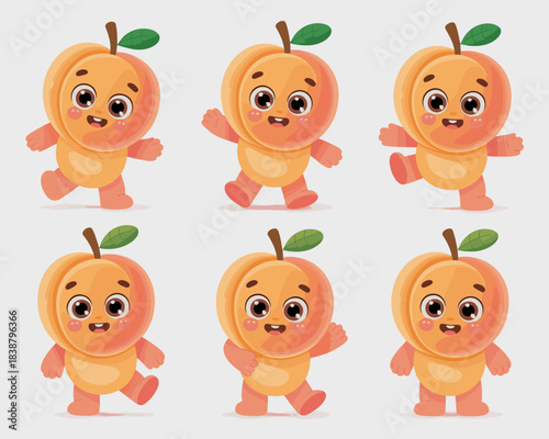 Cute cartoon peach characters happily walking, posing, and smiling, showcasing cheerful and friendly fruit mascots, perfect vector illustration set for healthy food advertisements, kid-friendly educat