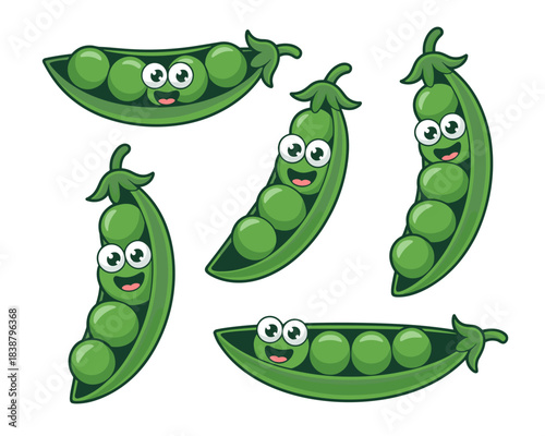Cheerful cartoon green peas and smiling cute vegetable characters happily isolated within fresh open pods, a detailed vector illustration mascot design perfect for natural organic food advertising, he