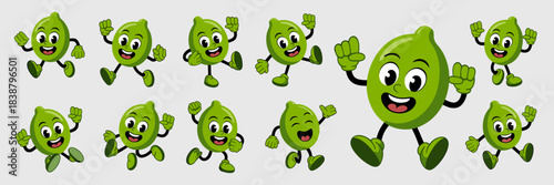 Energetic vintage lime cartoon mascot characters running, skipping, and dancing excitedly, a dynamic collection of happy fruit vector illustrations for food and beverage advertising, fitness marketing