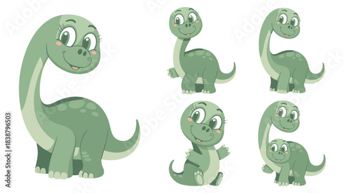Cute cartoon friendly dinosaur character set featuring adorable green sauropod mother and baby animals, smiling brightly, isolated vector illustration perfect for playful children's education, apparel